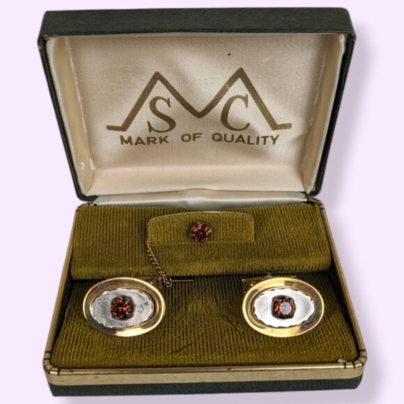 Vintage Orange Glass Cufflink & Tie Pin Set - Picture 1 of 8